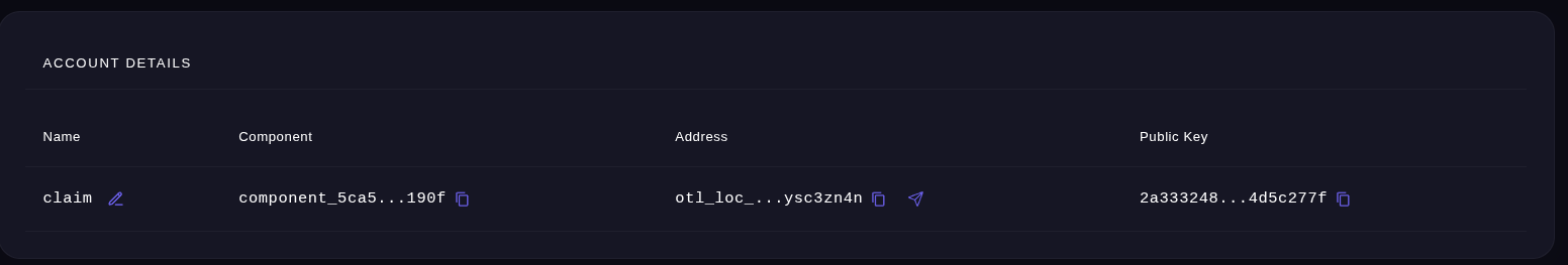 Wallet UI account details with the Public Key column