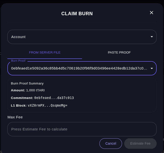 Wallet UI Claim Burn dialog